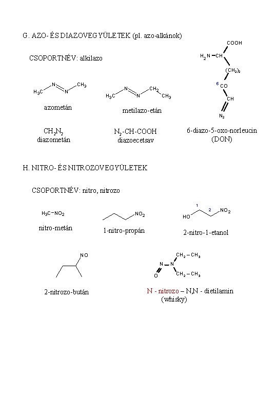 G. AZO- ÉS DIAZOVEGYÜLETEK (pl. azo-alkánok) COOH H N CH CSOPORTNÉV: alkilazo 2 (CH