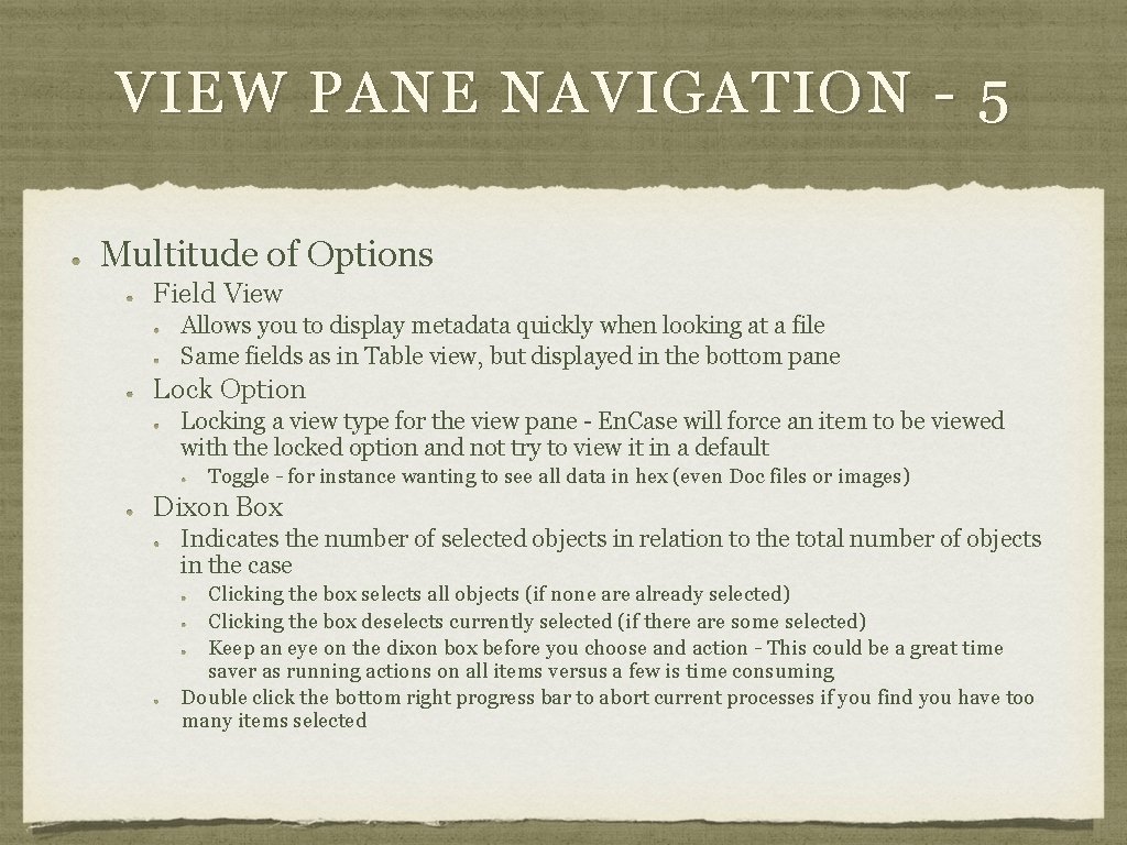 VIEW PANE NAVIGATION - 5 Multitude of Options Field View Allows you to display