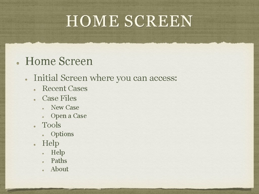 HOME SCREEN Home Screen Initial Screen where you can access: Recent Cases Case Files