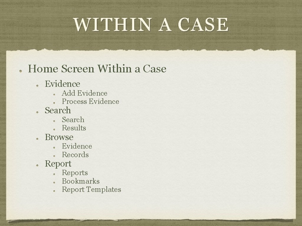 WITHIN A CASE Home Screen Within a Case Evidence Add Evidence Process Evidence Search