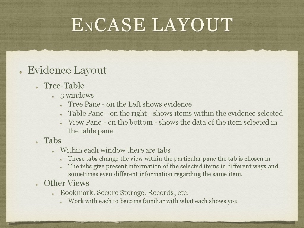 E N CASE LAYOUT Evidence Layout Tree-Table 3 windows Tree Pane - on the