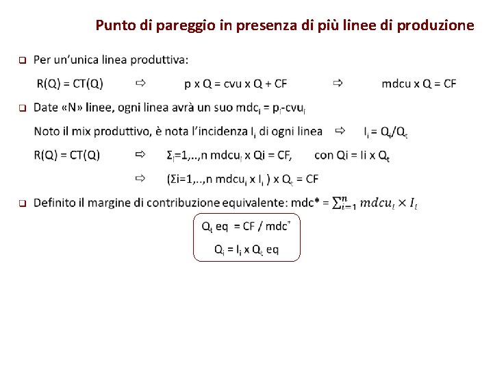 Punto di pareggio in presenza di più linee di produzione q 