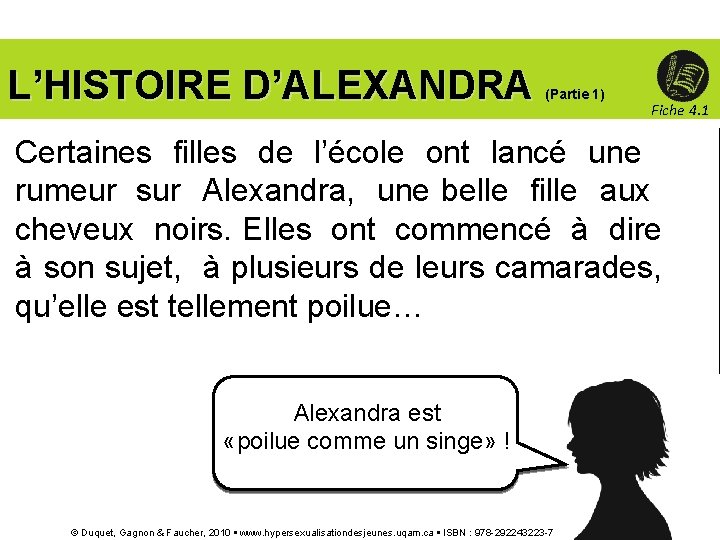 L’HISTOIRE D’ALEXANDRA (Partie 1) Fiche 4. 1 Certaines filles de l’école ont lancé une