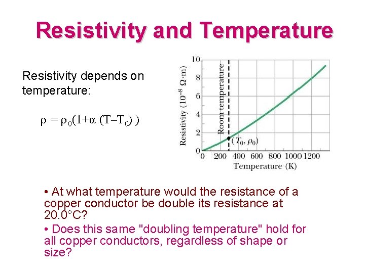 Resistivity and Temperature Resistivity depends on temperature: ρ = ρ 0(1+α (T–T 0) ) Resistivity and Temperature Resistivity depends on temperature: ρ = ρ 0(1+α (T–T 0) )