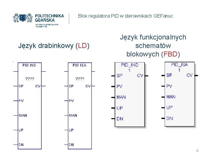 Blok regulatora PID w sterownikach GEFanuc Język drabinkowy (LD) Język funkcjonalnych schematów blokowych (FBD) Blok regulatora PID w sterownikach GEFanuc Język drabinkowy (LD) Język funkcjonalnych schematów blokowych (FBD)