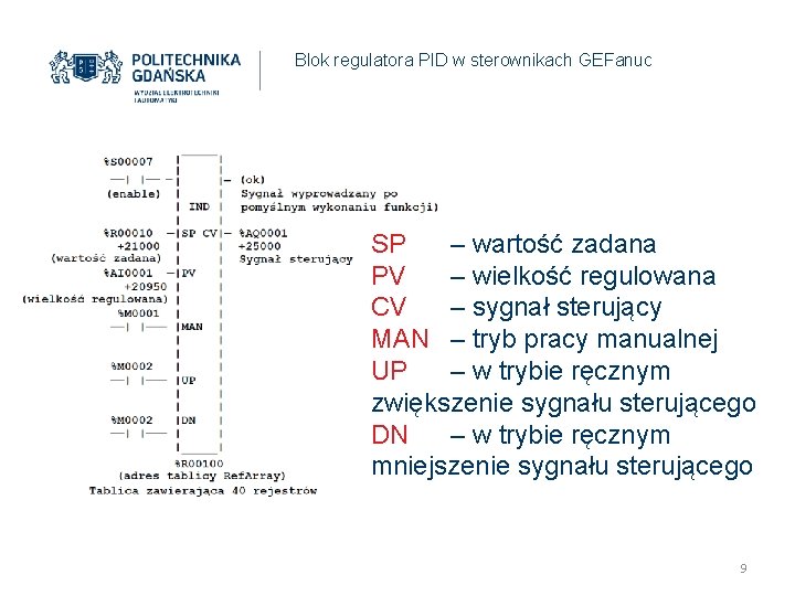 Blok regulatora PID w sterownikach GEFanuc SP – wartość zadana PV – wielkość regulowana Blok regulatora PID w sterownikach GEFanuc SP – wartość zadana PV – wielkość regulowana