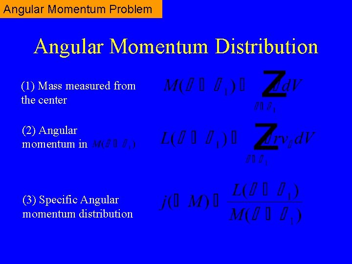 Angular Momentum Problem Angular Momentum Distribution (1) Mass measured from the center (2) Angular