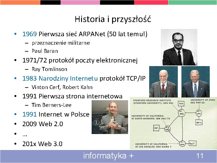 Historia i przyszłość • 1969 Pierwsza sieć ARPANet (50 lat temu!) – przeznaczenie militarne