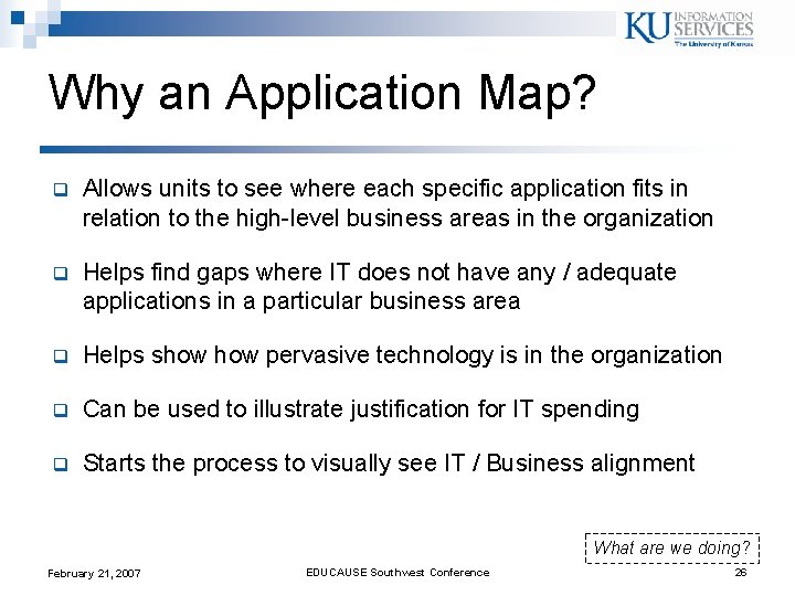 Why an Application Map? q Allows units to see where each specific application fits Why an Application Map? q Allows units to see where each specific application fits