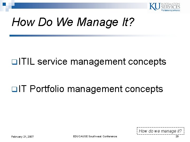 How Do We Manage It? q ITIL q IT service management concepts Portfolio management How Do We Manage It? q ITIL q IT service management concepts Portfolio management