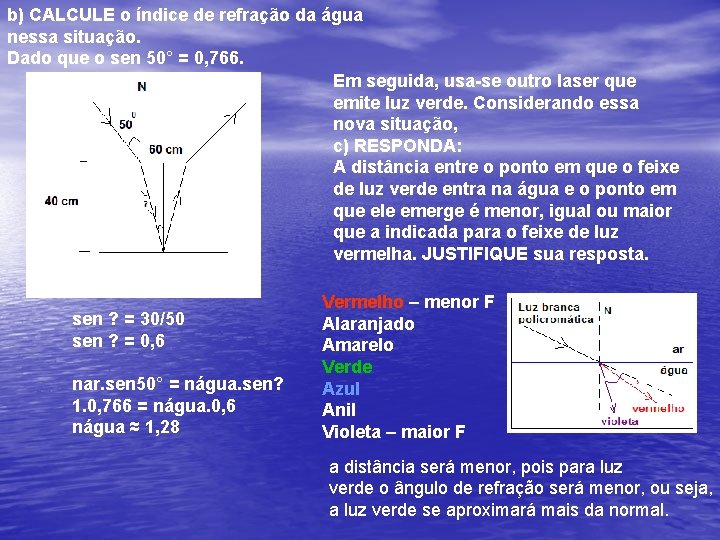 b) CALCULE o índice de refração da água nessa situação. Dado que o sen b) CALCULE o índice de refração da água nessa situação. Dado que o sen