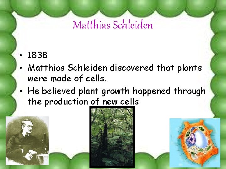 Matthias Schleiden • 1838 • Matthias Schleiden discovered that plants were made of cells.
