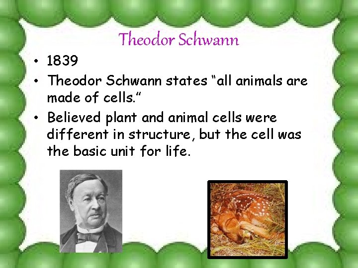 Theodor Schwann • 1839 • Theodor Schwann states “all animals are made of cells.