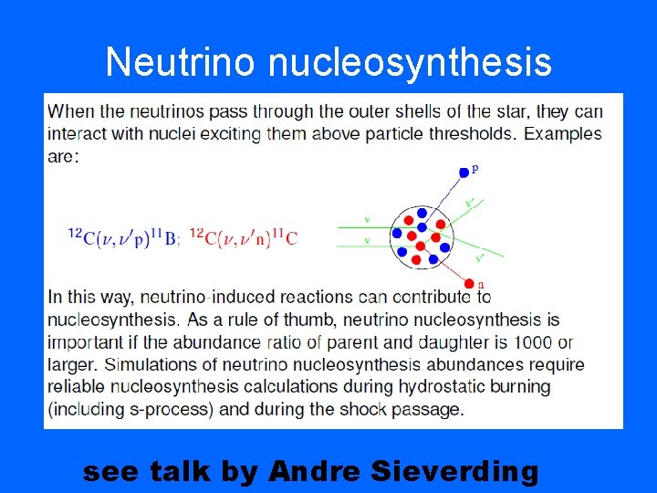 Neutrino nucleosynthesis see talk by Andre Sieverding 