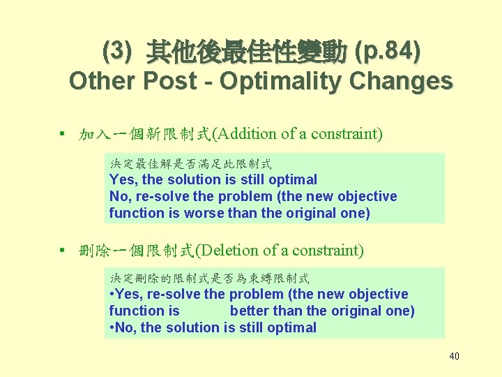 (3) 其他後最佳性變動 (p. 84) Other Post - Optimality Changes • 加入一個新限制式(Addition of a constraint)