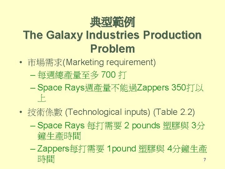 典型範例 The Galaxy Industries Production Problem • 市場需求(Marketing requirement) – 每週總產量至多 700 打 –