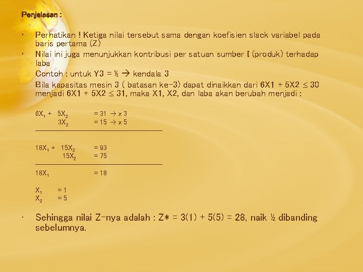 Penjelasan : • • Perhatikan ! Ketiga nilai tersebut sama dengan koefisien slack variabel