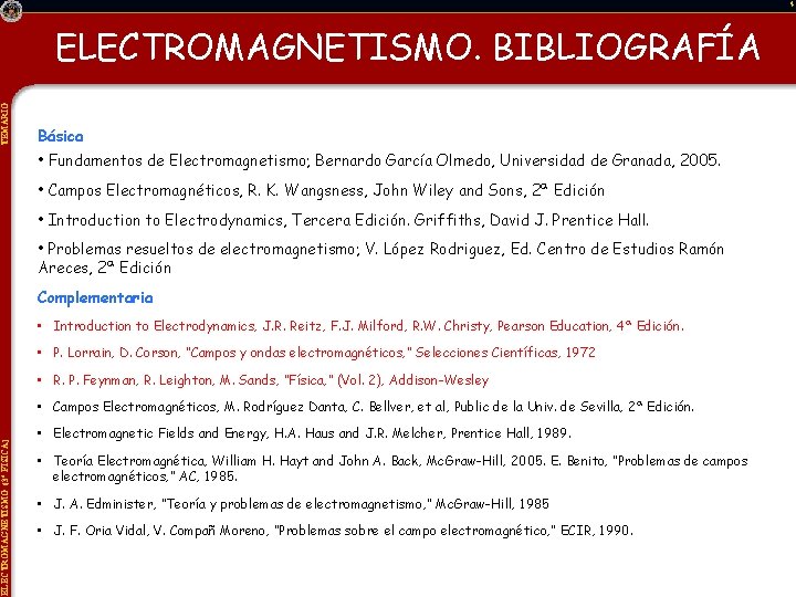 TEMARIO ELECTROMAGNETISMO (3º FÍSICA) 4 ELECTROMAGNETISMO. BIBLIOGRAFÍA Básica • Fundamentos de Electromagnetismo; Bernardo García