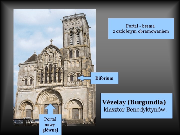 Portal - brama z ozdobnym obramowaniem Biforium Vézelay (Burgundia) klasztor Benedyktynów. Portal nawy głównej
