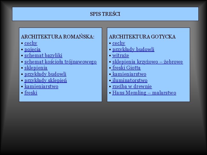 SPIS TREŚCI ARCHITEKTURA ROMAŃSKA: • cechy • pojęcia • schemat bazyliki • schemat kościoła