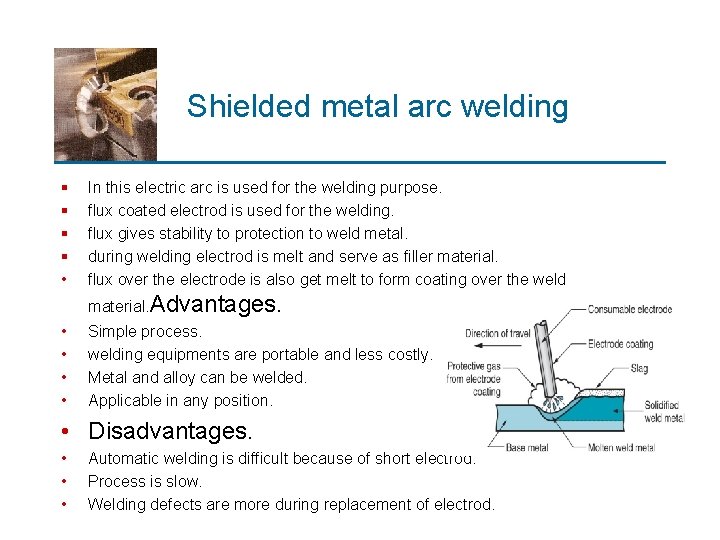 Shielded metal arc welding § § • In this electric arc is used for