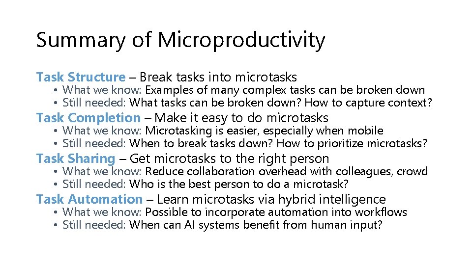 Summary of Microproductivity Task Structure – Break tasks into microtasks • What we know: