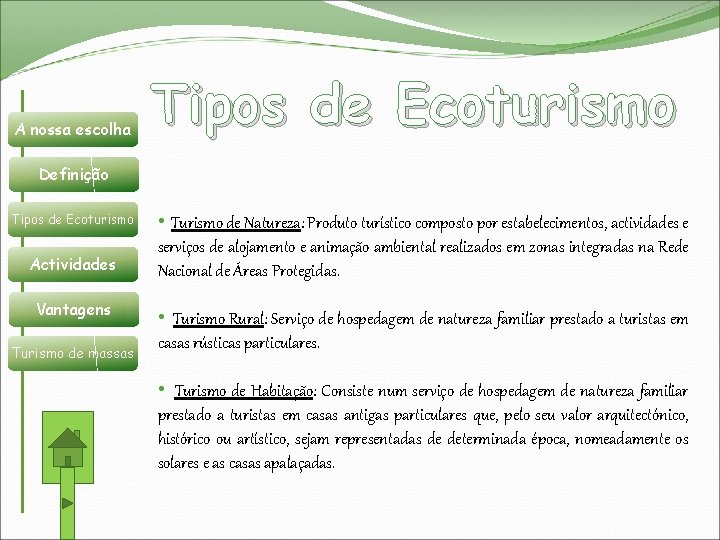  A nossa escolha Tipos de Ecoturismo Definição Tipos de Ecoturismo Actividades Vantagens Turismo