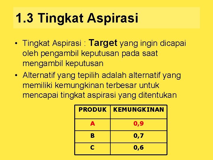 1. 3 Tingkat Aspirasi • Tingkat Aspirasi : Target yang ingin dicapai oleh pengambil