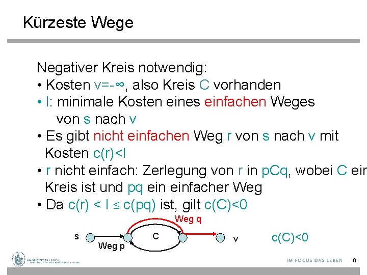 Kürzeste Wege Negativer Kreis notwendig: • Kosten v=-∞, also Kreis C vorhanden • l: