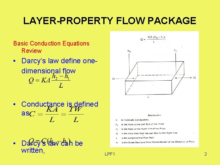 LAYER-PROPERTY FLOW PACKAGE Basic Conduction Equations Review • Darcy’s law define onedimensional flow •