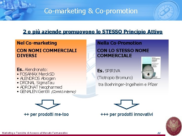 Co-marketing & Co-promotion 2 o più aziende promuovono lo STESSO Principio Attivo Nel Co-marketing