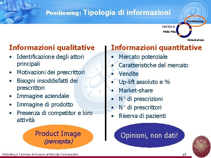 Positioning: Tipologia di informazioni Positioning TATTICA Mrkt Mix Orientation Informazioni qualitative Informazioni quantitative •