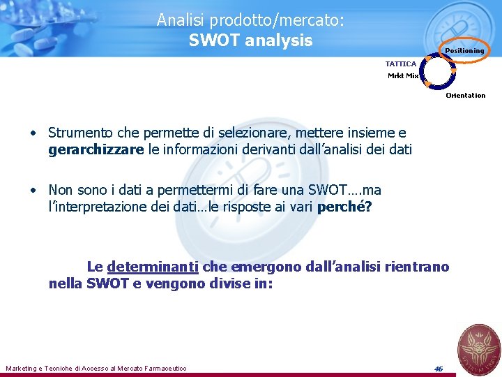 Analisi prodotto/mercato: SWOT analysis Positioning TATTICA Mrkt Mix Orientation • Strumento che permette di