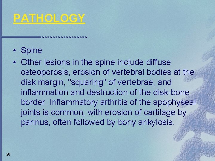 PATHOLOGY • Spine • Other lesions in the spine include diffuse osteoporosis, erosion of