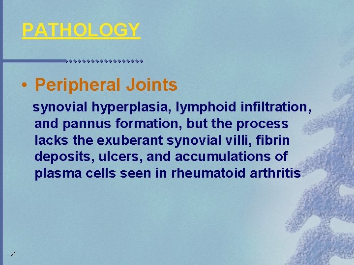 PATHOLOGY • Peripheral Joints synovial hyperplasia, lymphoid infiltration, and pannus formation, but the process