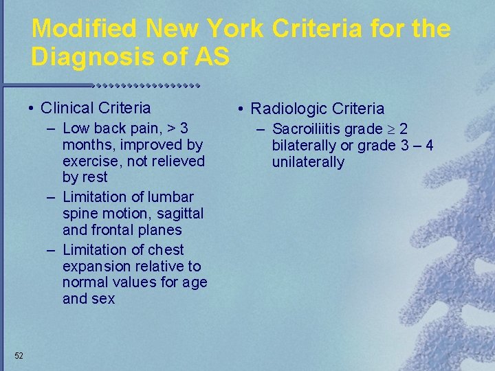 Modified New York Criteria for the Diagnosis of AS • Clinical Criteria – Low