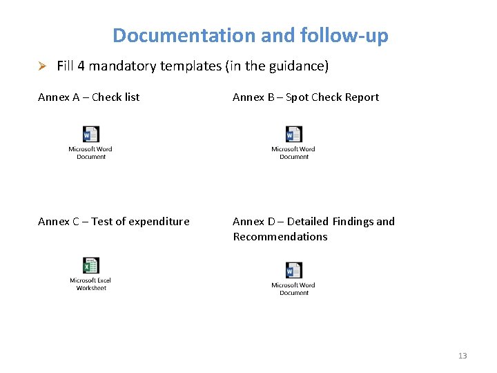 Documentation and follow-up Ø Fill 4 mandatory templates (in the guidance) Annex A – Documentation and follow-up Ø Fill 4 mandatory templates (in the guidance) Annex A –