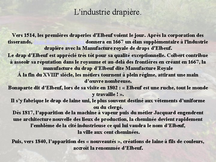 L'industrie drapière. Vers 1514, les premières draperies d'Elbeuf voient le jour. Après la corporation