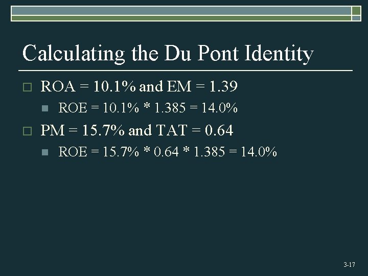Calculating the Du Pont Identity o ROA = 10. 1% and EM = 1.