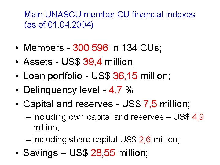 Main UNASCU member CU financial indexes (as of 01. 04. 2004) • • •