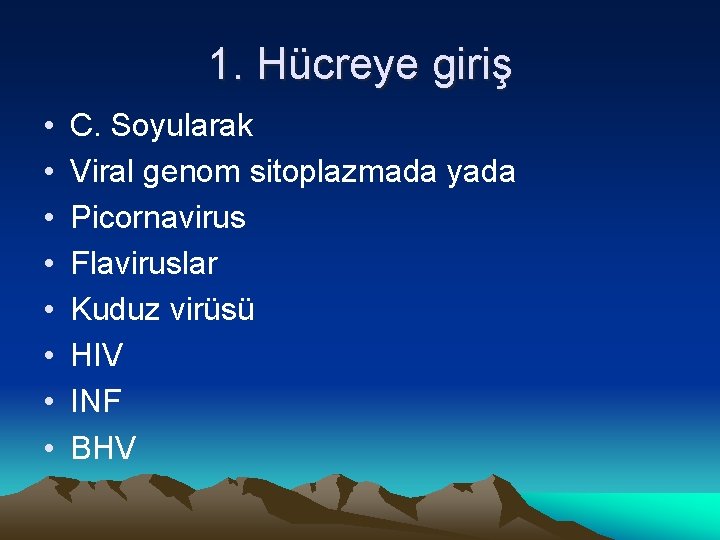 1. Hücreye giriş • • C. Soyularak Viral genom sitoplazmada yada Picornavirus Flaviruslar Kuduz