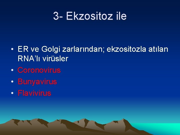 3 - Ekzositoz ile • ER ve Golgi zarlarından; ekzositozla atılan RNA’lı virüsler •