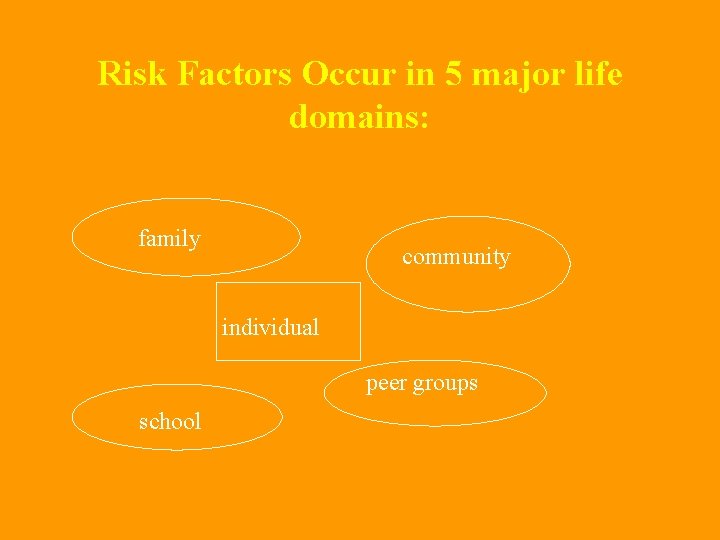 Risk Factors Occur in 5 major life domains: family community individual peer groups school