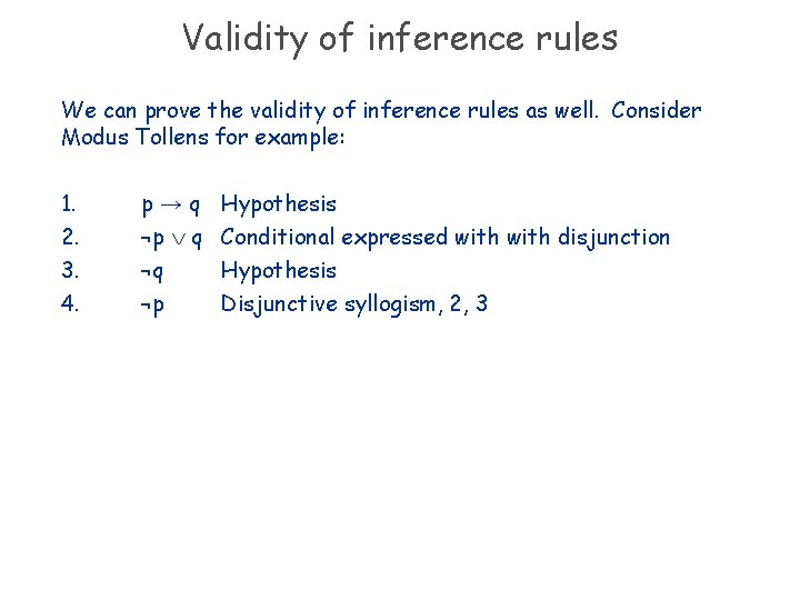 Validity of inference rules We can prove the validity of inference rules as well.