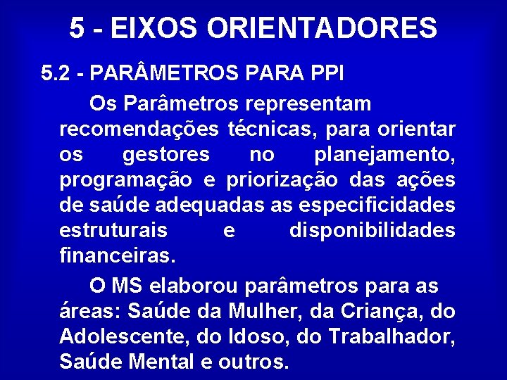 5 - EIXOS ORIENTADORES 5. 2 - PAR METROS PARA PPI Os Parâmetros representam