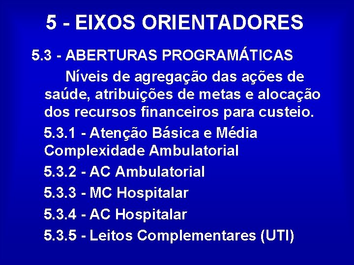 5 - EIXOS ORIENTADORES 5. 3 - ABERTURAS PROGRAMÁTICAS Níveis de agregação das ações