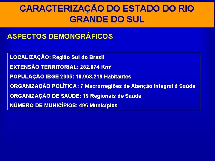 CARACTERIZAÇÃO DO ESTADO DO RIO GRANDE DO SUL ASPECTOS DEMONGRÁFICOS LOCALIZAÇÃO: Região Sul do