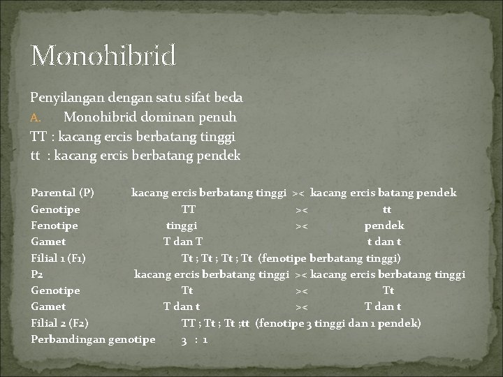 Monohibrid Penyilangan dengan satu sifat beda A. Monohibrid dominan penuh TT : kacang ercis