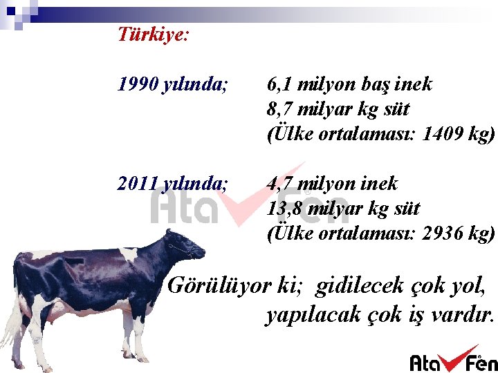 Türkiye: 1990 yılında; 6, 1 milyon baş inek 8, 7 milyar kg süt (Ülke