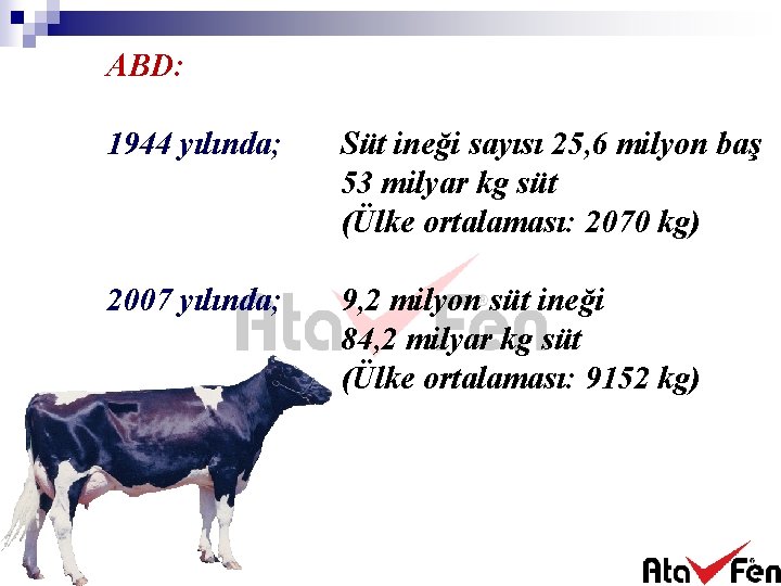 ABD: 1944 yılında; Süt ineği sayısı 25, 6 milyon baş 53 milyar kg süt